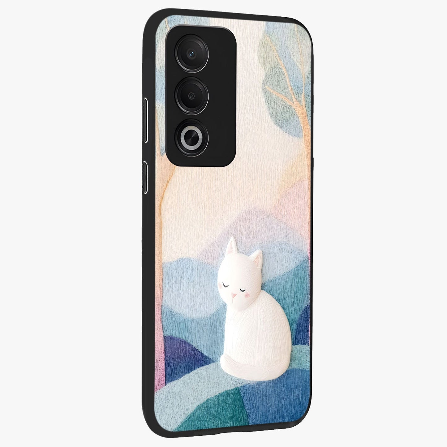 Cotton Dream Cat Glass Case upright view showcasing charming cat artwork with cozy dreamy theme.