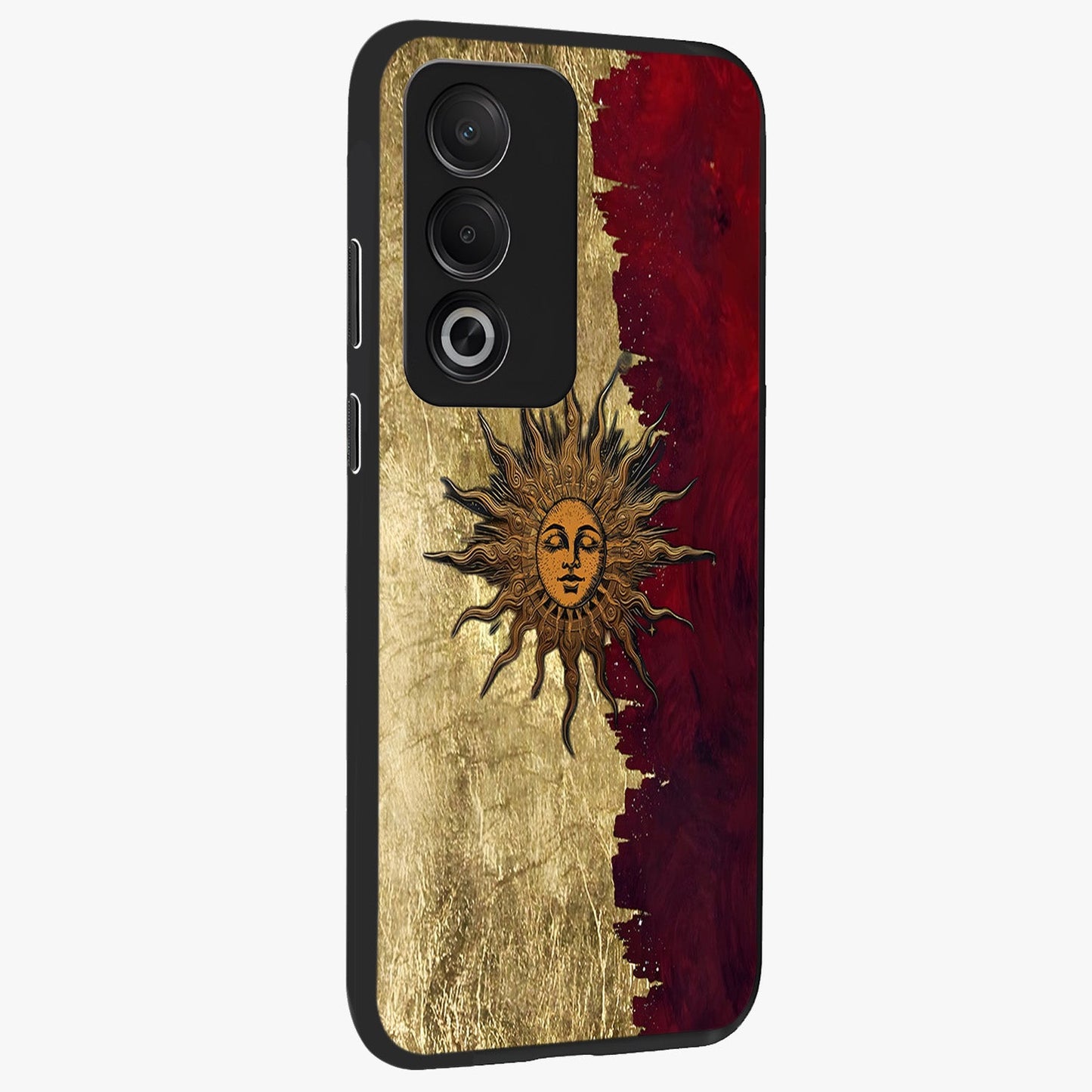 Crimson Sun Majesty Glass Case upright view showcasing vibrant sun artwork with powerful celestial theme.