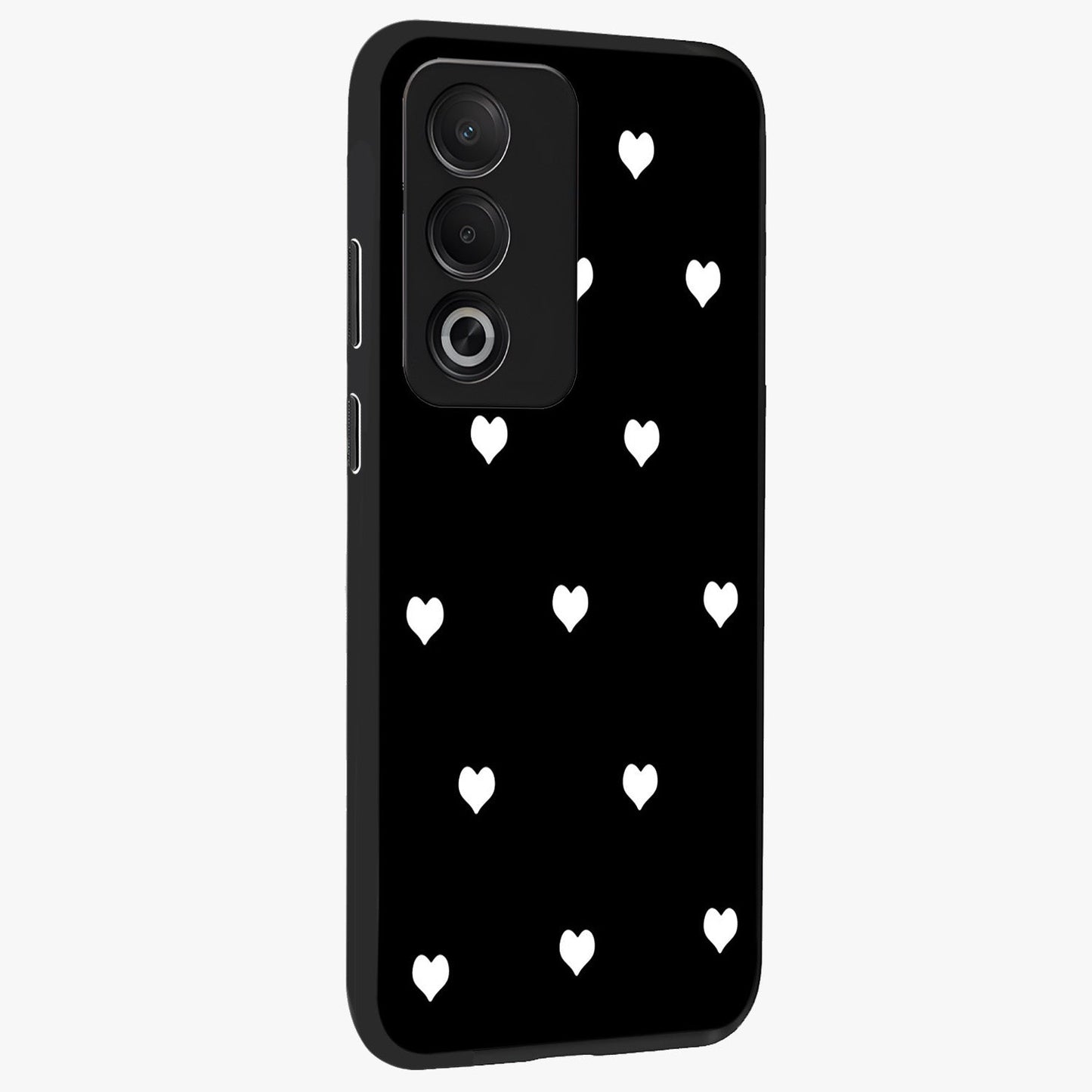 Cute And Simple White Hearts Glass Case upright view showcasing simple white hearts artwork with soft minimal theme.
