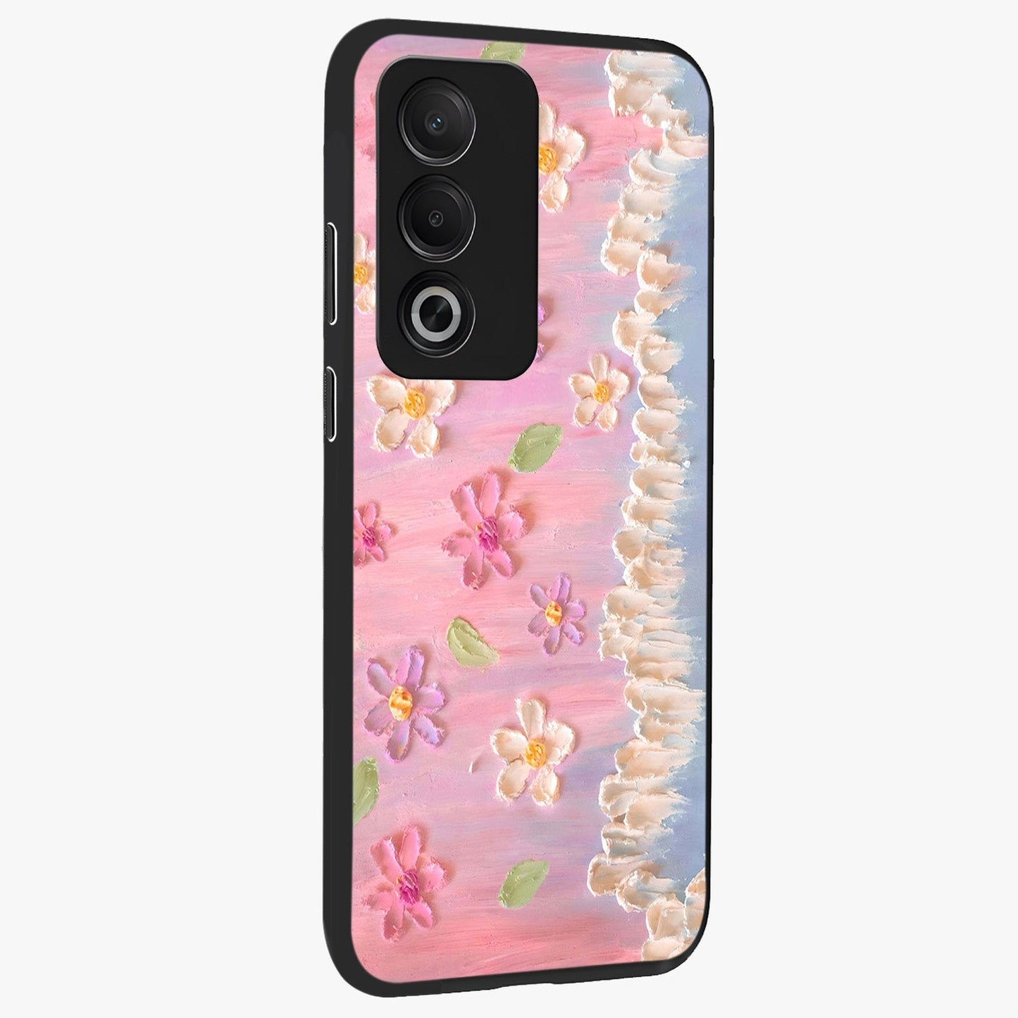 Dreamy Painted Garden Glass Case upright view showcasing vibrant floral garden artwork with artistic nature theme.
