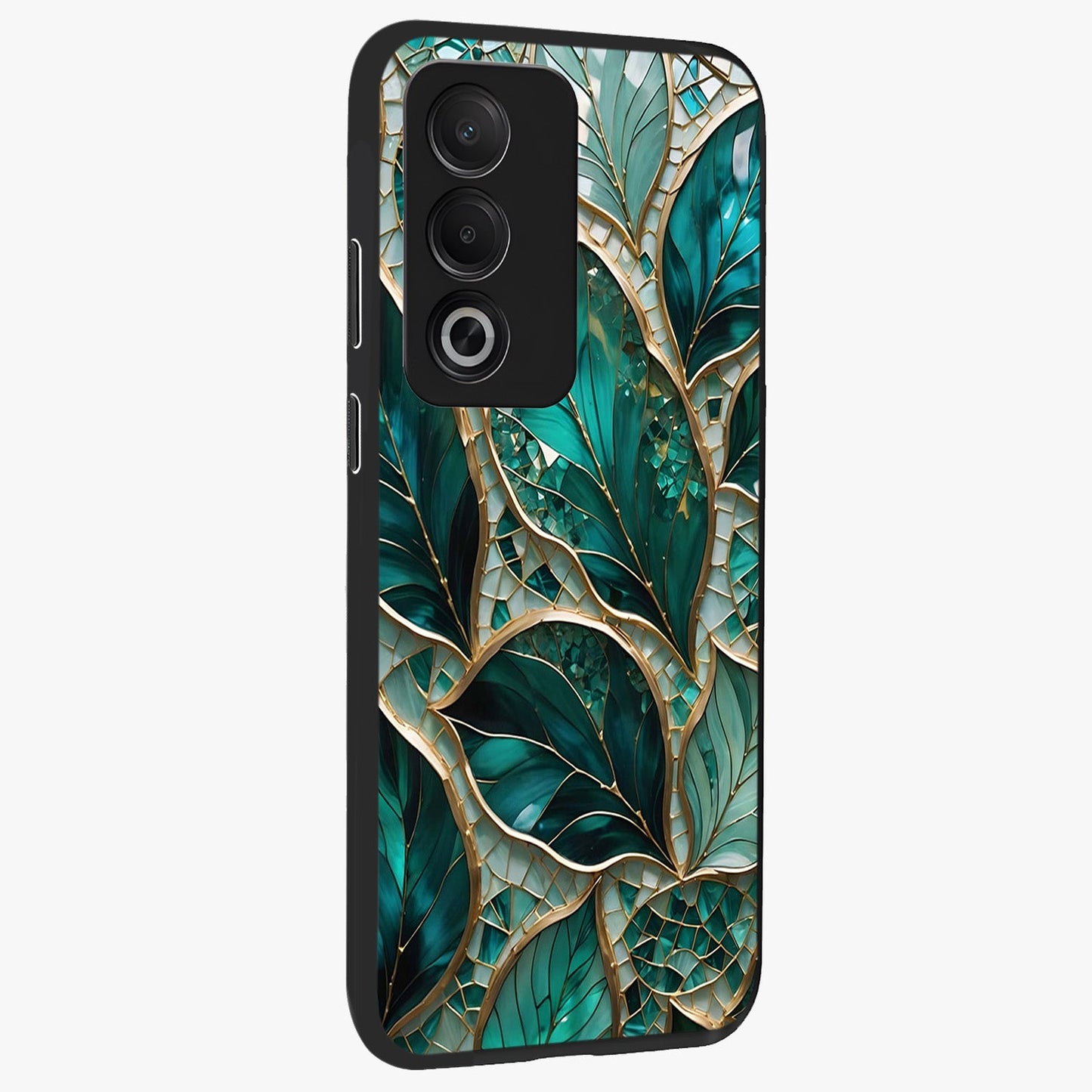 Emerald Leaf Glass Glass Case upright view showcasing fresh green leaf artwork with calming nature inspired style.