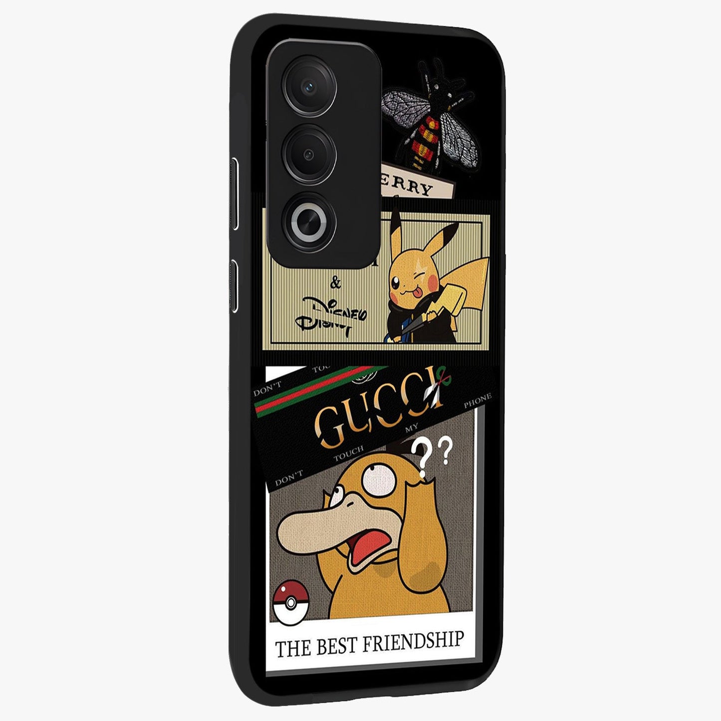 Gucci Play Mashup Glass Case upright view showcasing trendy luxury inspired artwork with modern fashion theme.