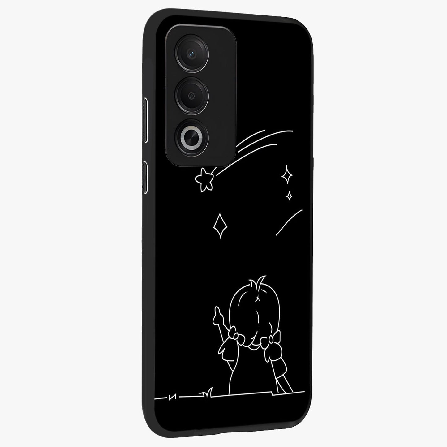 Line Art Girl With Shooting Stars Glass Case upright view showcasing delicate shooting stars artwork with minimal artistic theme.