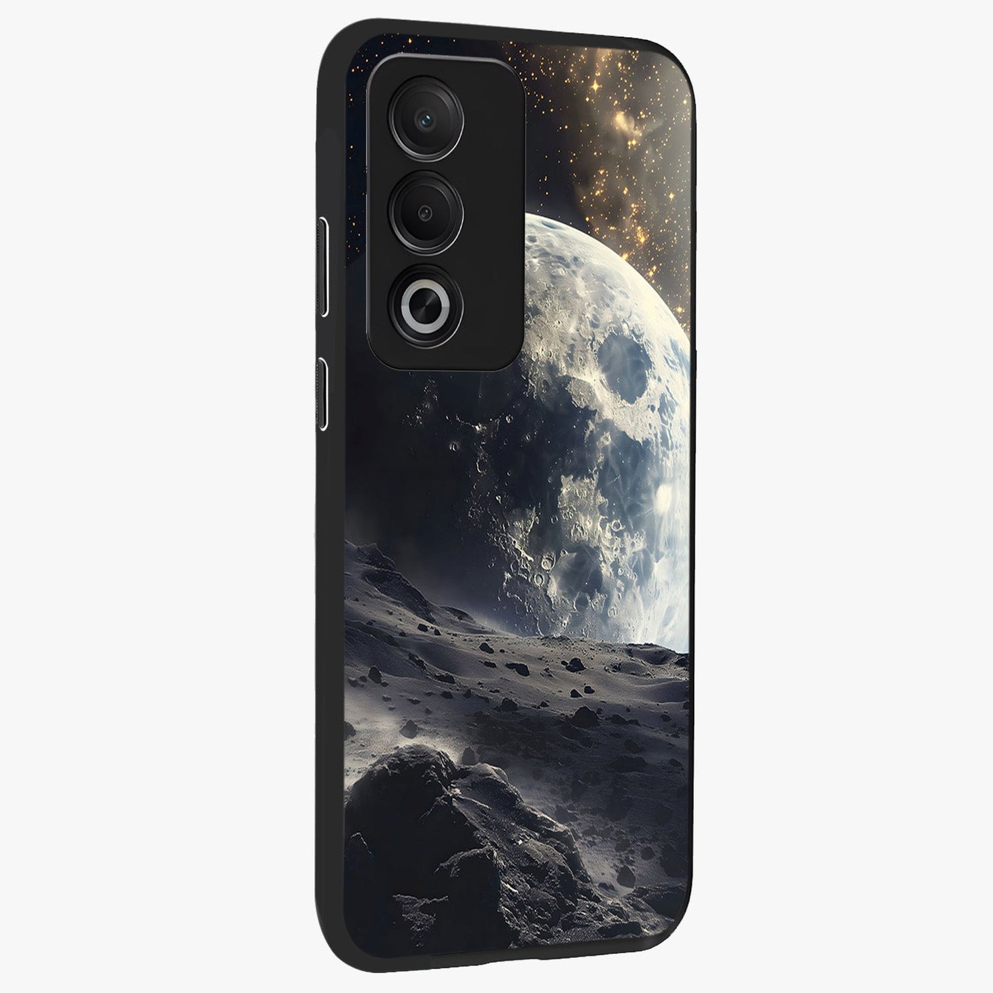 Lunar Horizon Glow Glass Case upright view showcasing radiant lunar artwork with calm cosmic theme.