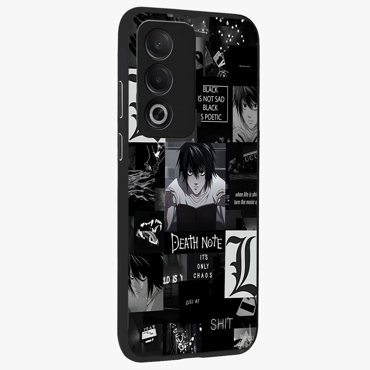 Midnight Chaos Mind Glass Case upright view showcasing expressive abstract artwork with bold dark theme.