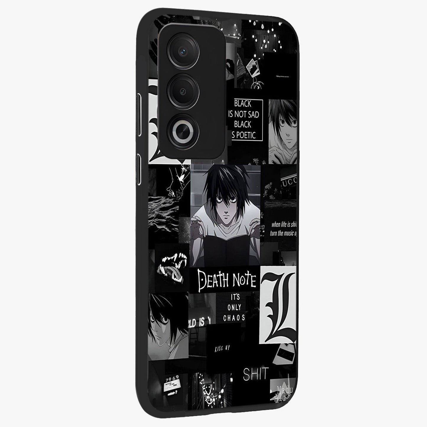 Midnight Chaos Mind Glass Case upright view showcasing expressive abstract artwork with bold dark theme.