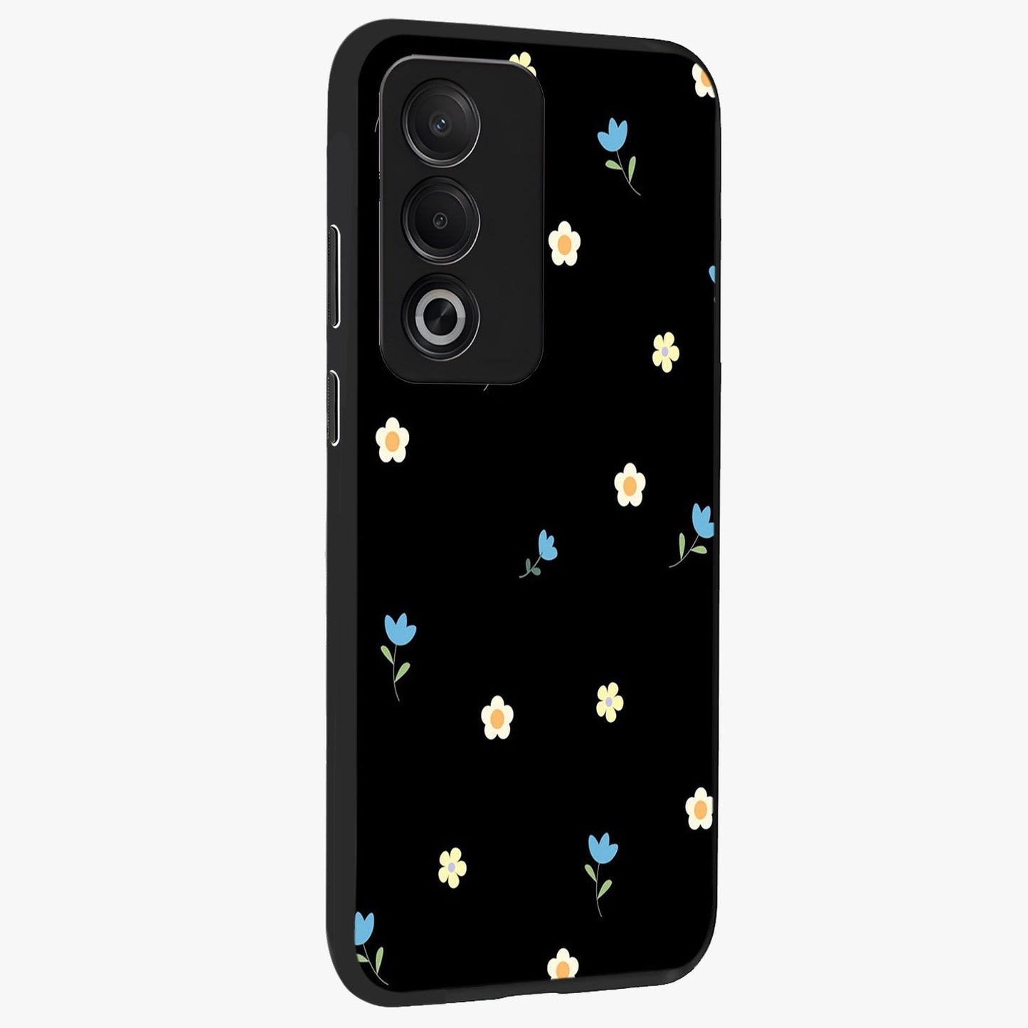 Minimal Petal Whispers Glass Case upright view showcasing elegant floral artwork with modern minimalist style.