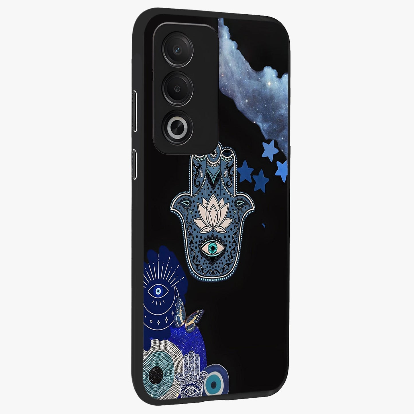 Mystic Hand Aura Glass Case upright view showcasing symbolic hand artwork with mystical energy theme.