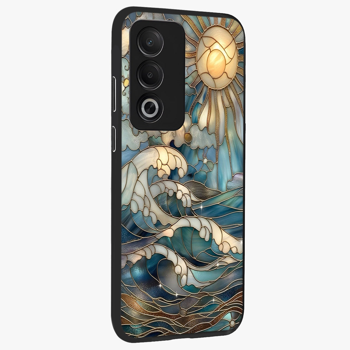 Oceanic Stained Printed Glass Case upright view showcasing decorative ocean pattern artwork with vibrant marine theme.