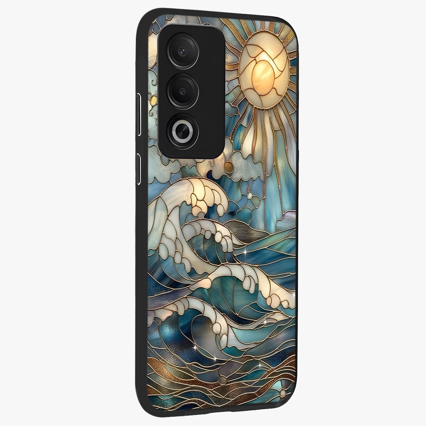 Oceanic Stained Printed Glass Case upright view showcasing decorative ocean pattern artwork with vibrant marine theme.