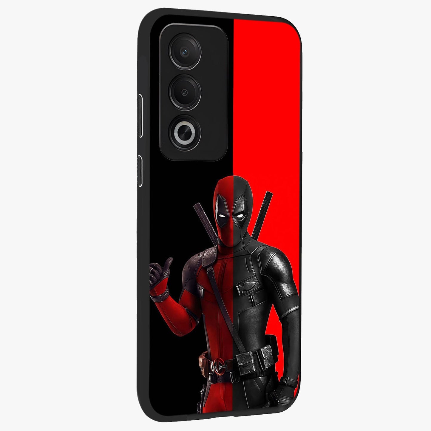 Red & Black Deadpool Theme Glass Case upright view showcasing energetic comic themed artwork with striking red and black design.