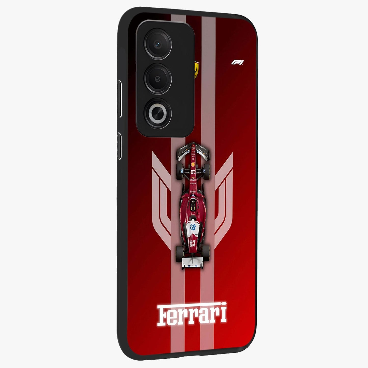 Red Ferrari F1 Vertical Glass Case upright view showcasing powerful Formula car artwork with dynamic motorsport theme.