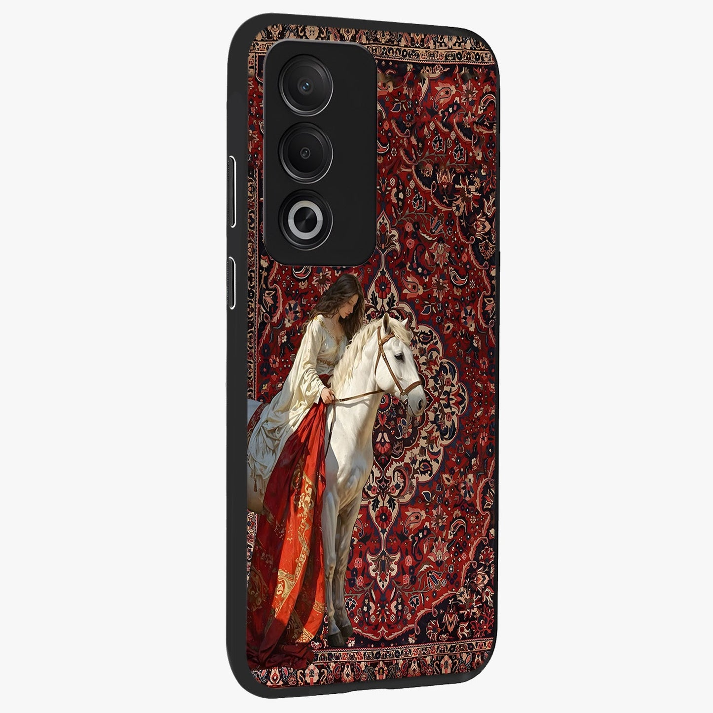 Royal Rider Tapestry Glass Case upright view showcasing detailed rider artwork with classic tapestry theme.
