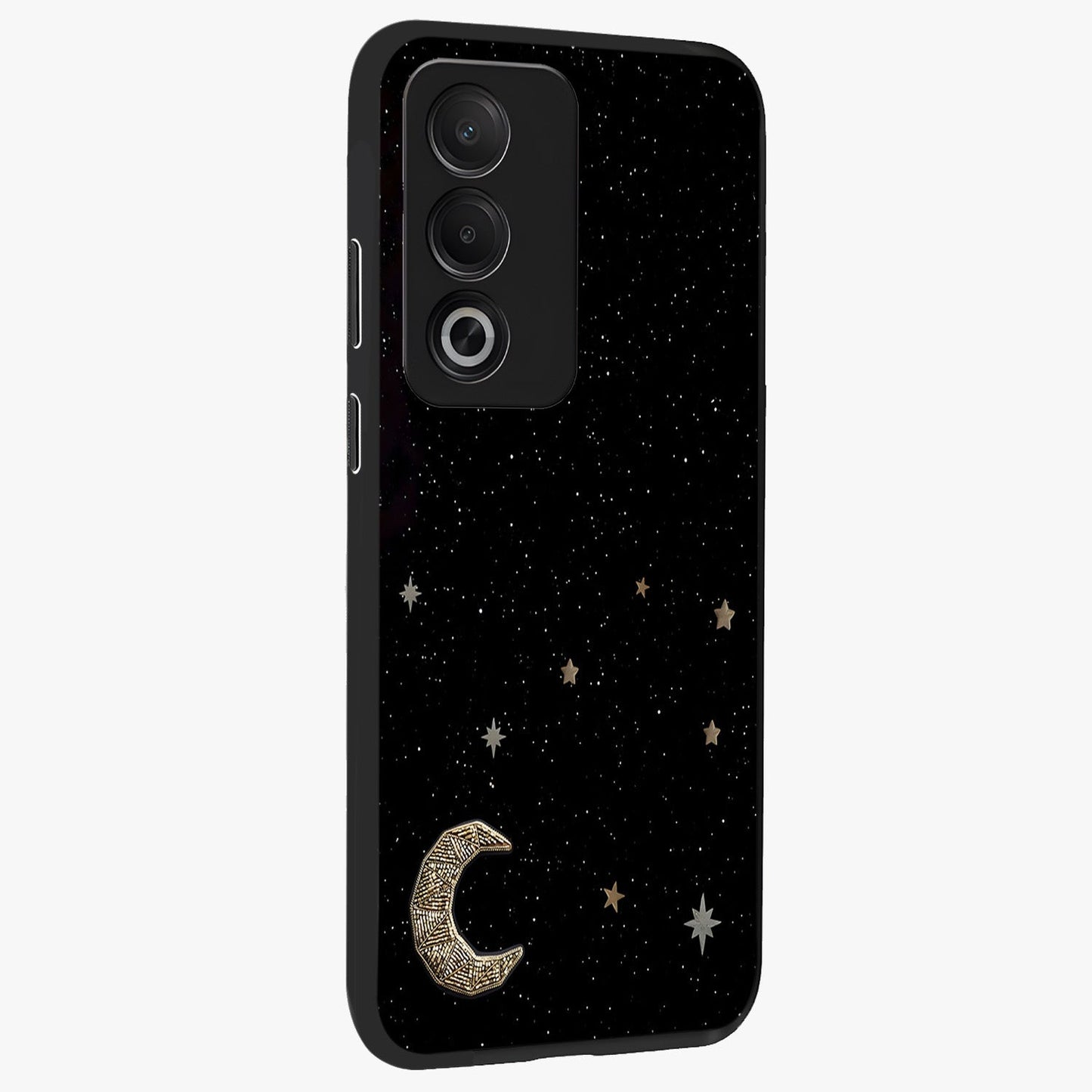 Twinkle Star With Half Moon Glass Case upright view showcasing glowing cosmic artwork with dreamy night theme.