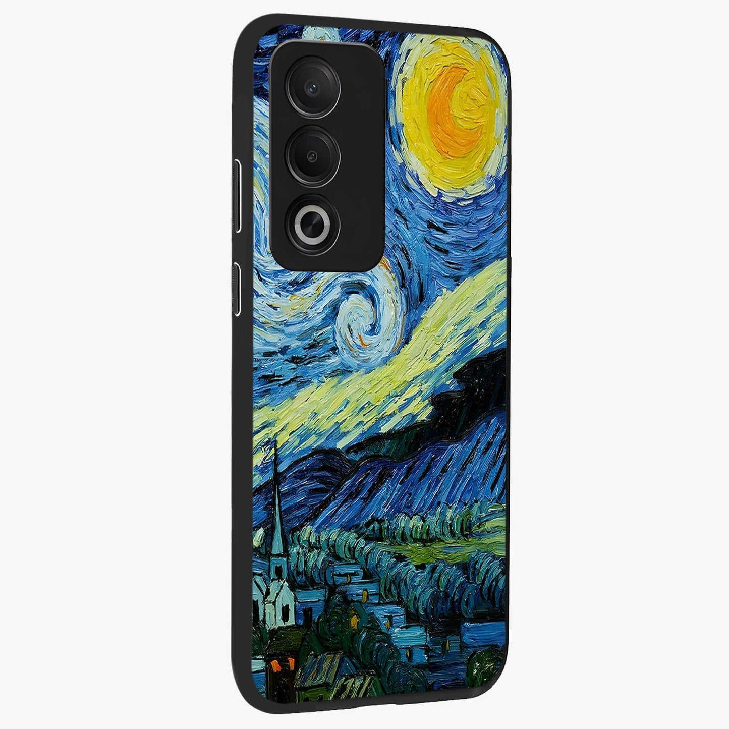 Van Gogh Art Glass Case upright view showcasing expressive painting style artwork with timeless artistic theme.