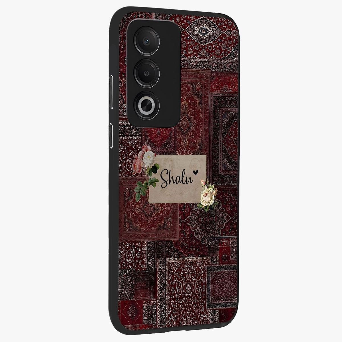 Velvet Wine Pattern Custom Name Glass Case upright view showcasing luxurious wine toned artwork with personalized aesthetic.