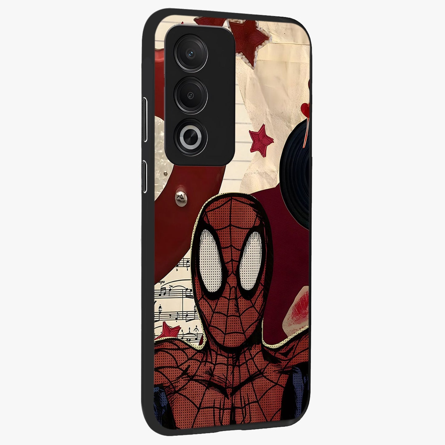 Web Warrior Vibes Glass Case upright view showcasing energetic superhero artwork with bold action theme.