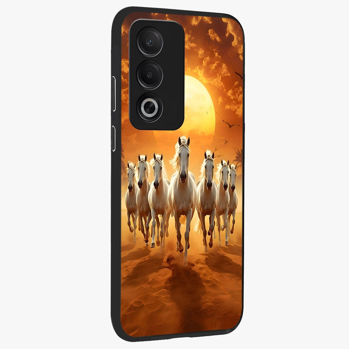 Wild Sunset Majesty Glass Case upright view showcasing dramatic sunset artwork with bold nature theme.