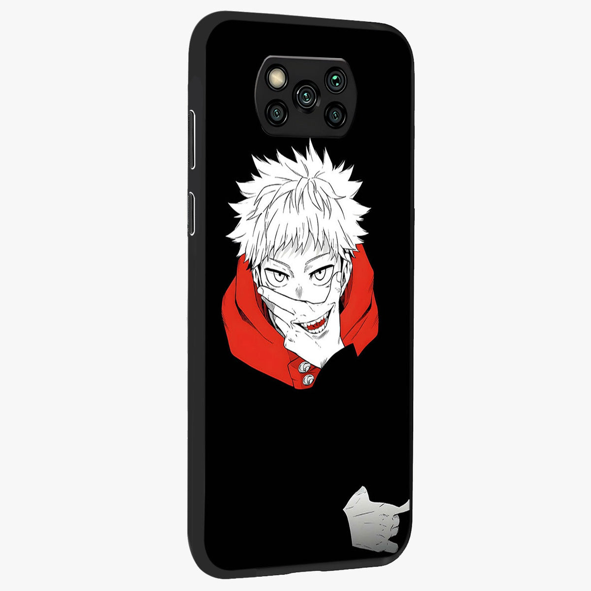 Crimson Chaos Smile Glass Case upright view showcasing expressive chaotic artwork with striking visual theme.