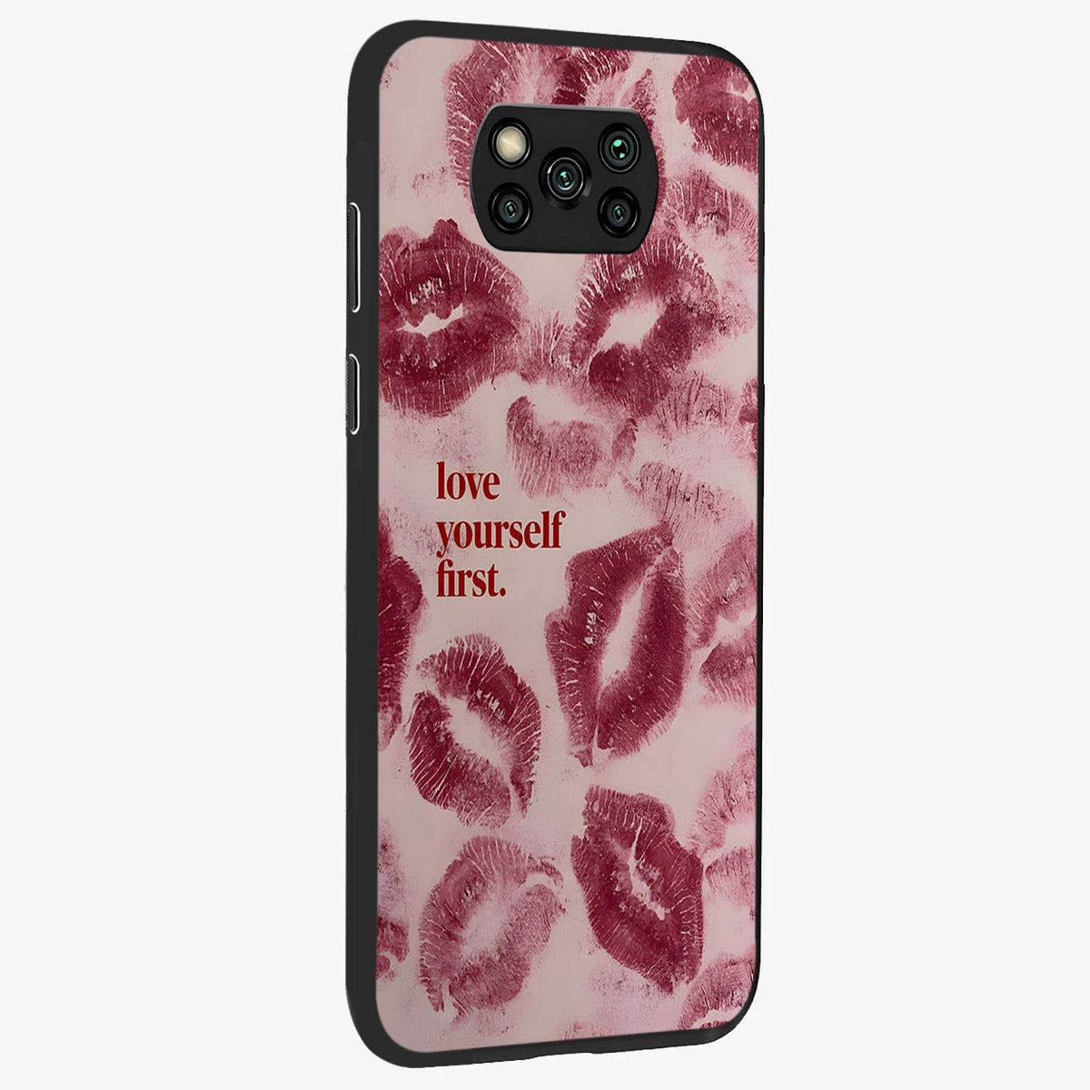 Crimson Kiss Love Glass Case upright view showcasing expressive romantic artwork with deep crimson theme.