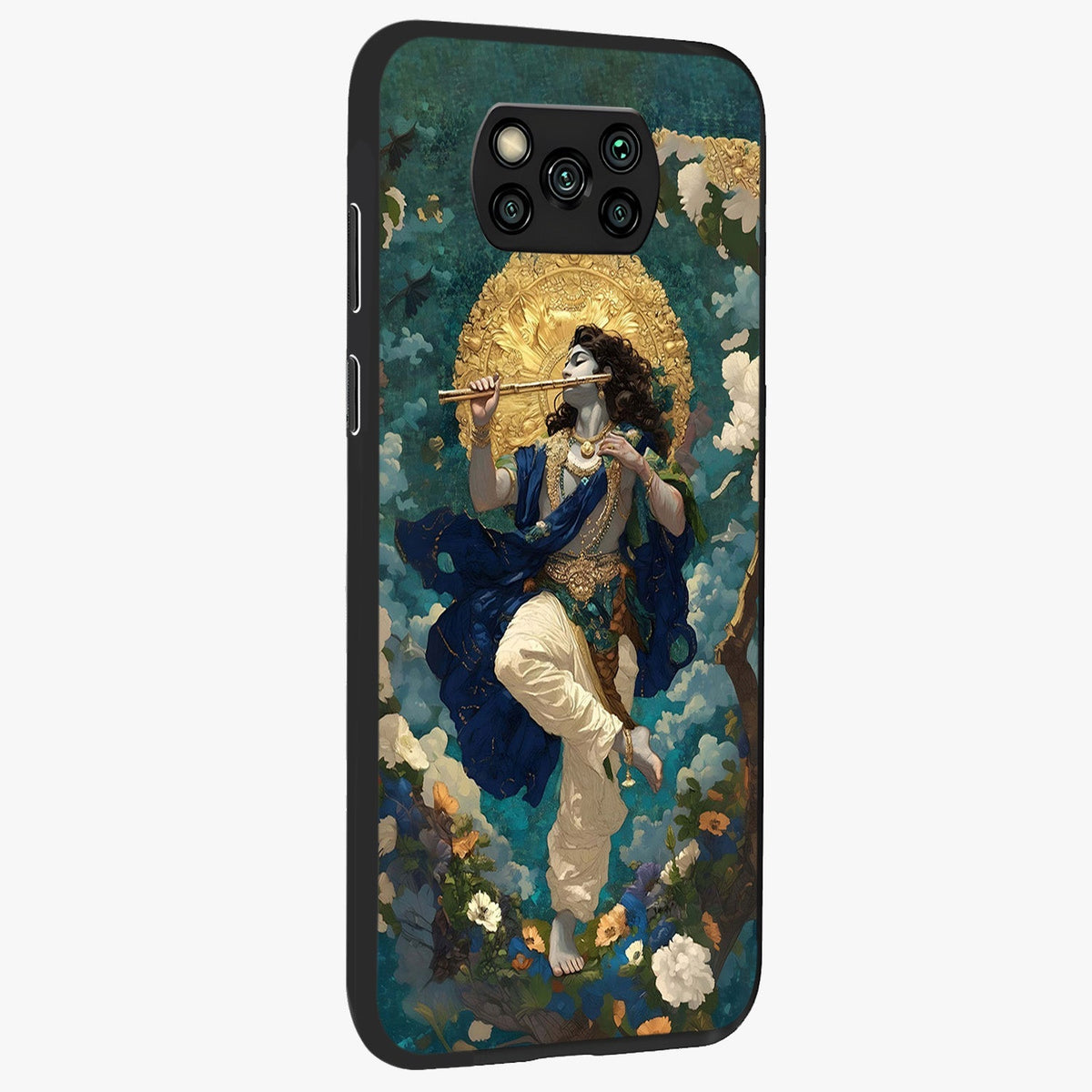 Divine Krishna Art Glass Case upright view showcasing divine Krishna artwork with sacred artistic theme.