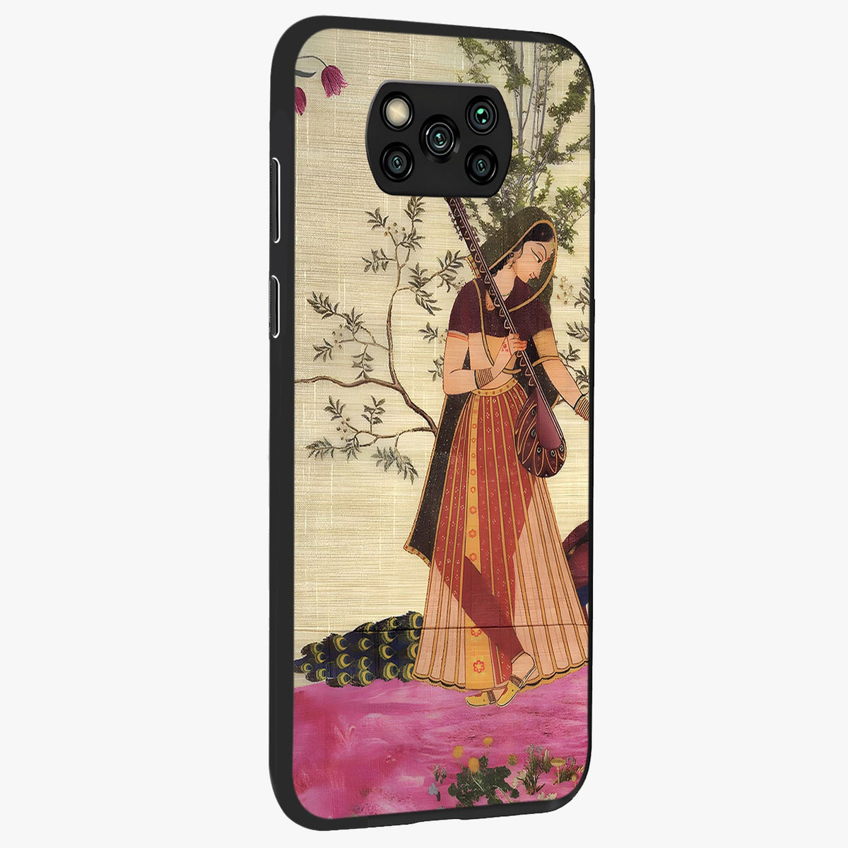 Lady With Veena Art Glass Case upright view showcasing classical veena artwork with traditional artistic theme.