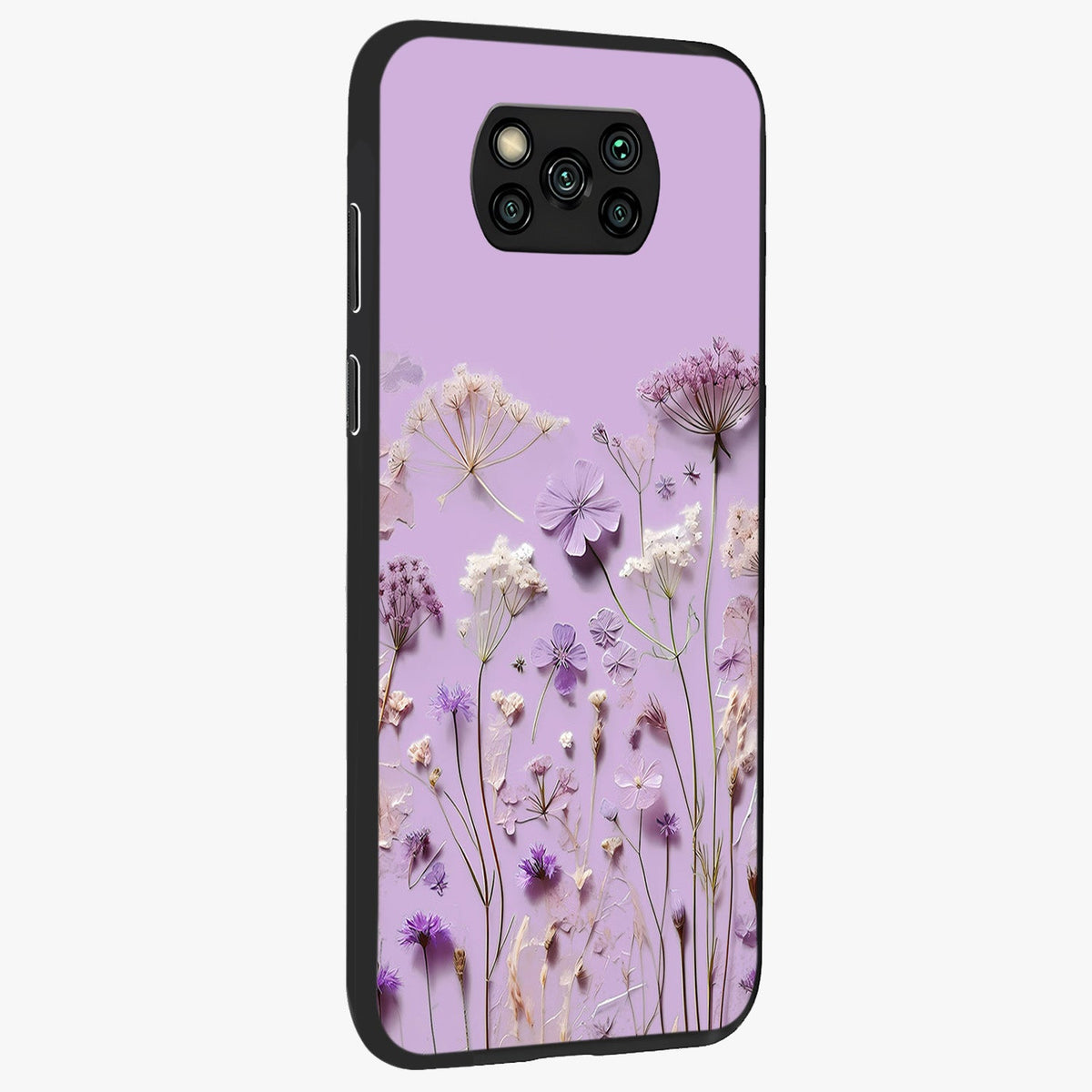 Lavender Blossom Dream Glass Case upright view showcasing delicate lavender blossom artwork with peaceful floral theme.
