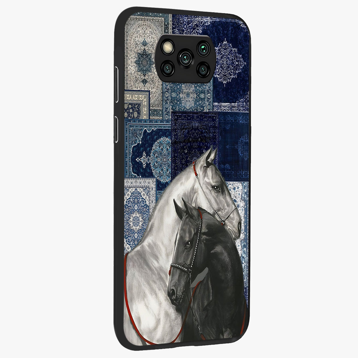 Midnight Stallion Blues Glass Case upright view showcasing dramatic horse artwork with bold artistic theme.