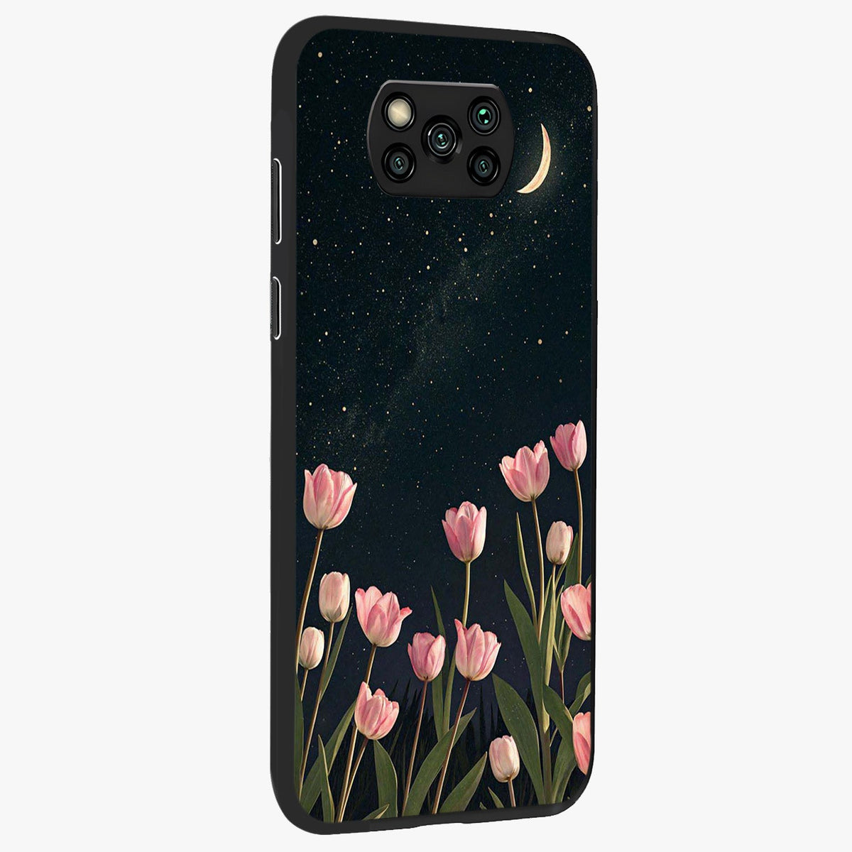 Midnight Tulip Whispers Vibe Glass Case upright view showcasing graceful tulip artwork with calm botanical theme.