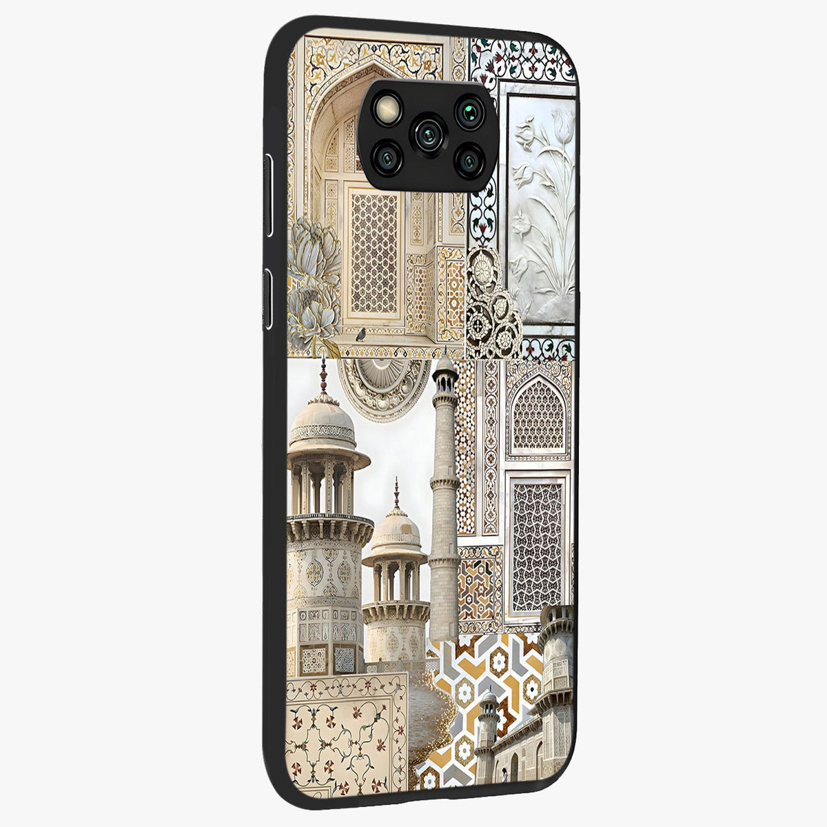 Mughal Marble Legacy Glass Case upright view showcasing ornate Mughal design with luxurious traditional theme.