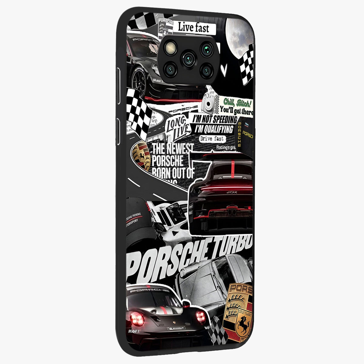 Porsche Racing Collage Glass Case upright view showcasing energetic car collage artwork with high speed racing theme.