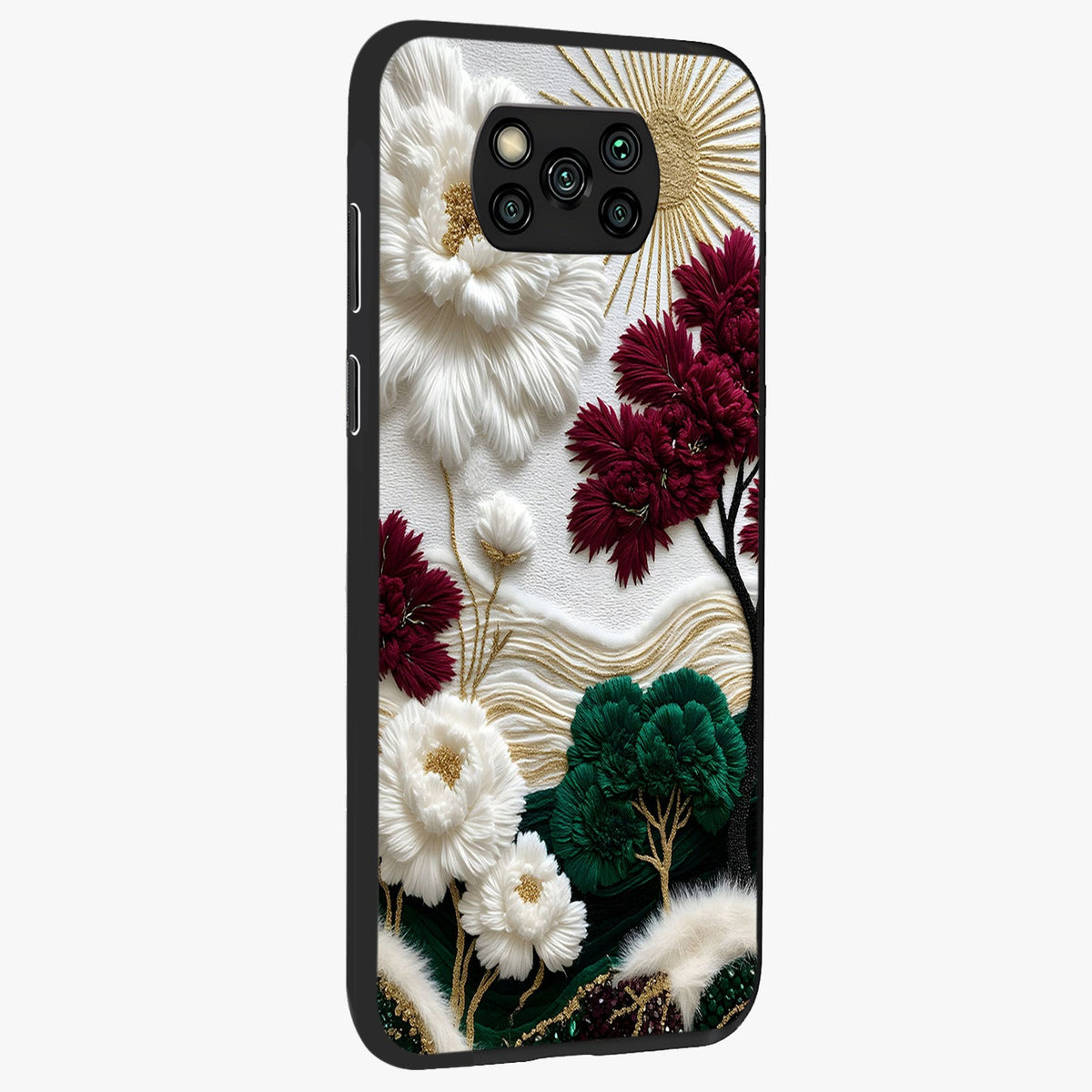 Radiant Bloom Elegance Glass Case upright view showcasing decorative flower artwork with refined botanical theme.