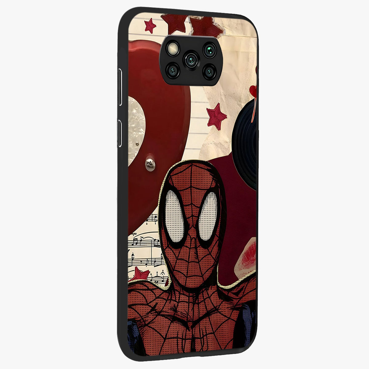 Web Warrior Vibes Glass Case upright view showcasing energetic superhero artwork with bold action theme.