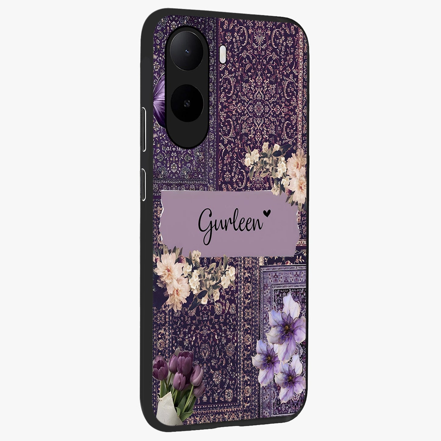 Antique Floral Whisper Custom Name Glass Case upright view showcasing delicate floral artwork with custom name feature.