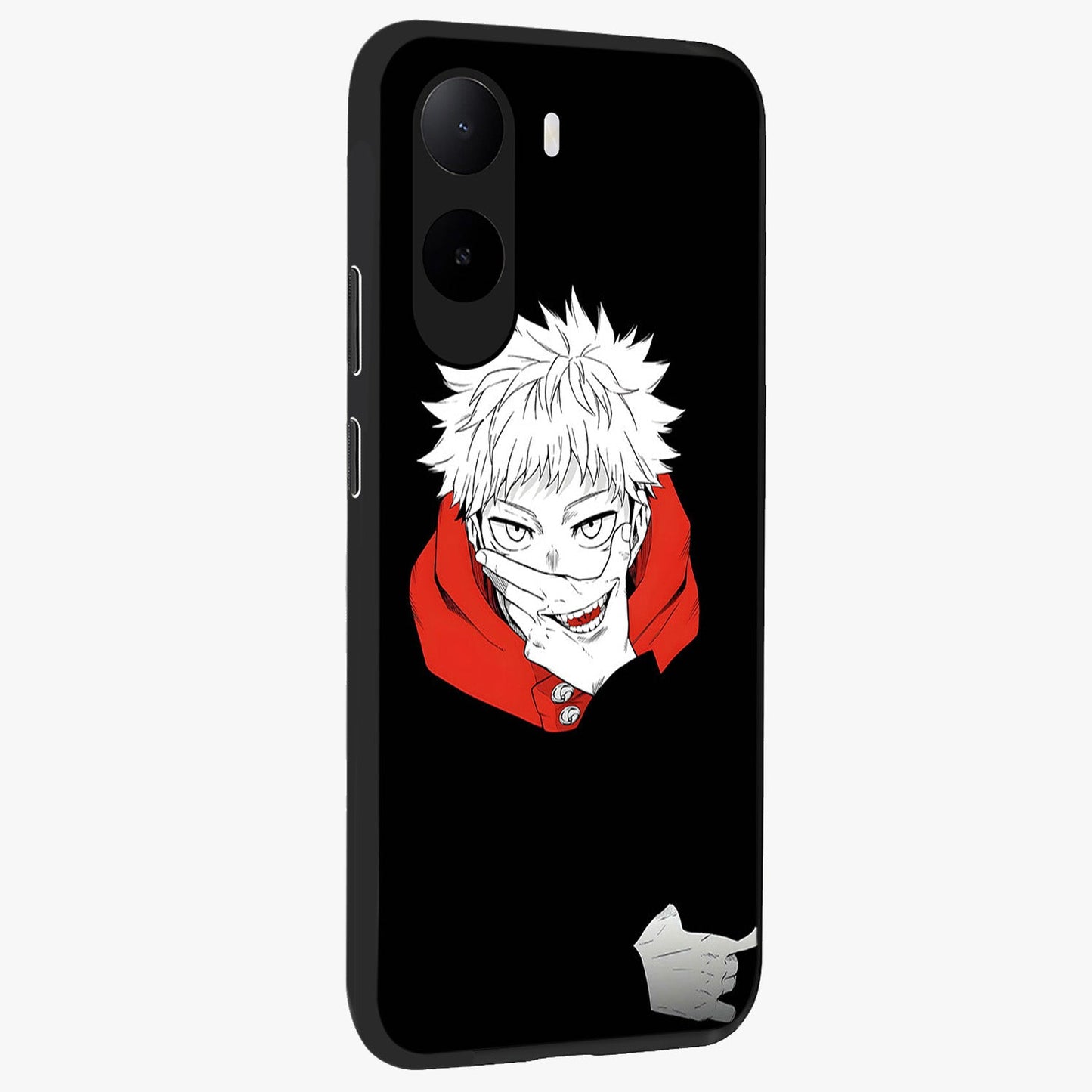 Crimson Chaos Smile Glass Case upright view showcasing expressive chaotic artwork with striking visual theme.