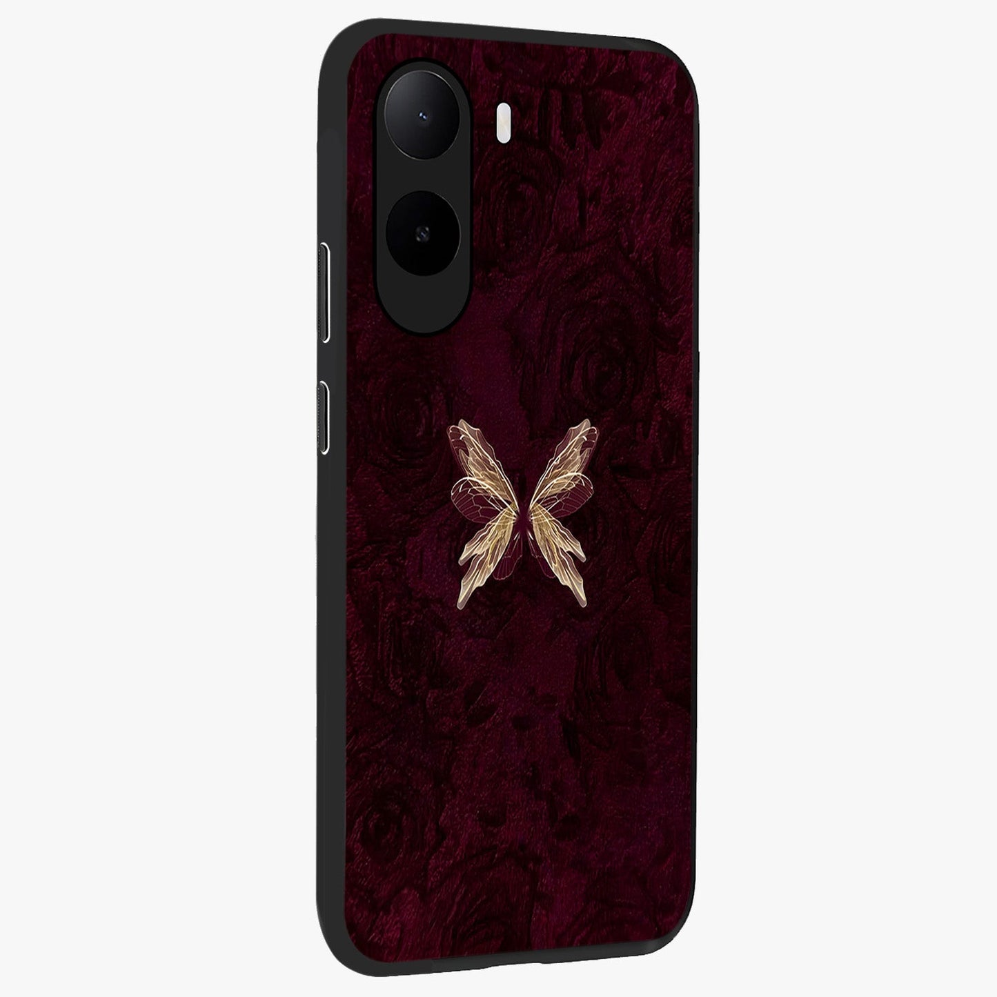 Crimson Fade Butterfly Glass Case upright view showcasing graceful butterfly artwork with soft crimson fade effect.