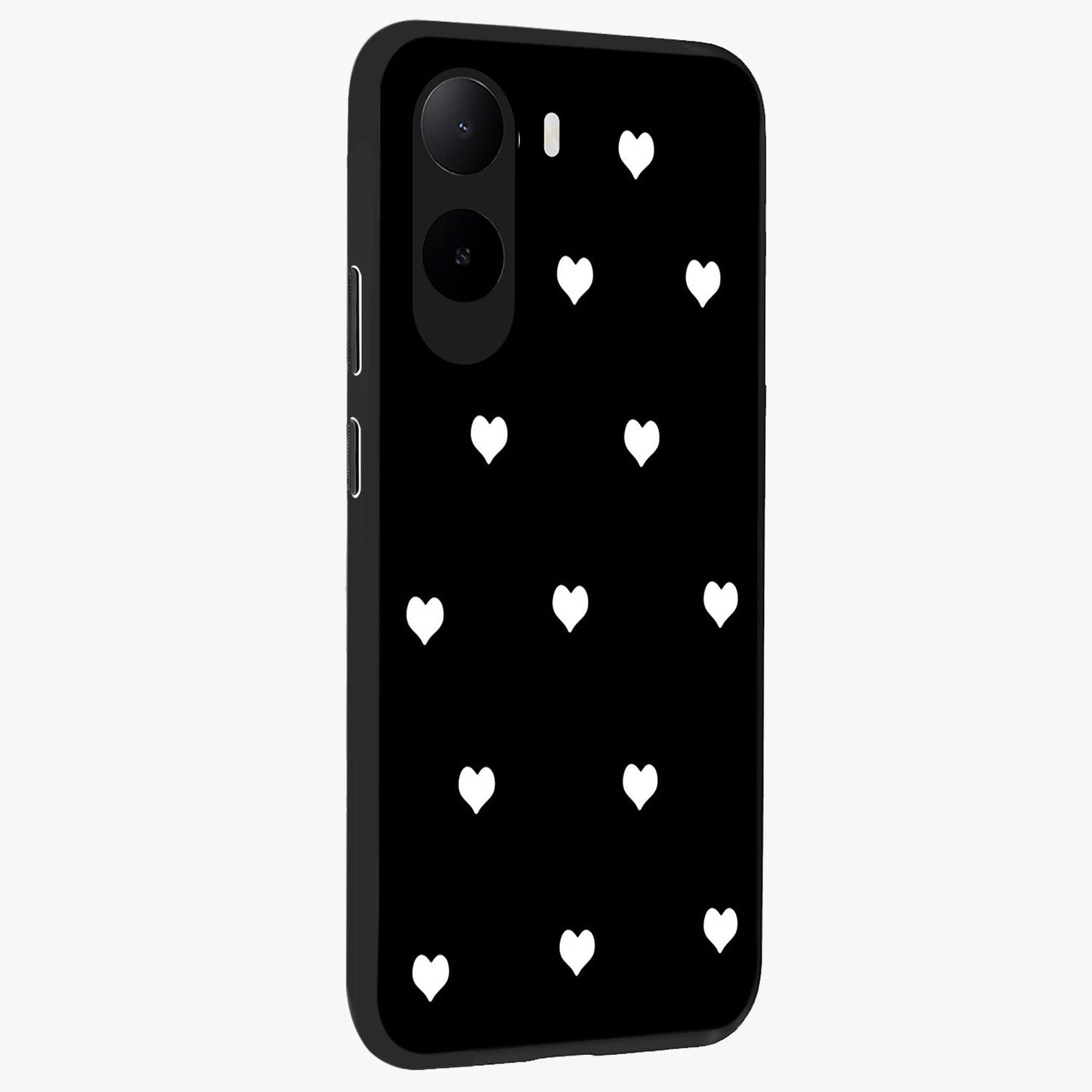 Cute And Simple White Hearts Glass Case upright view showcasing simple white hearts artwork with soft minimal theme.