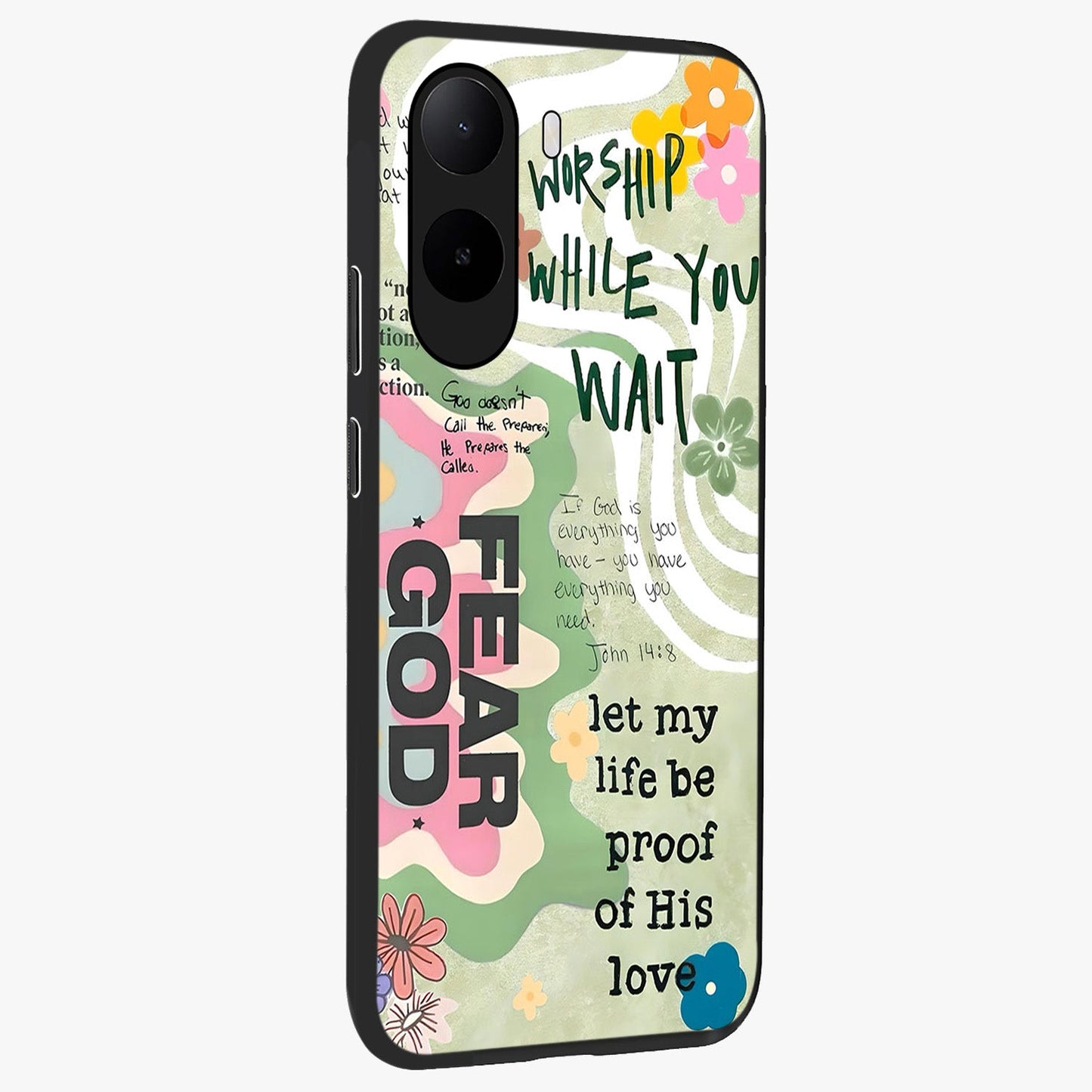 Faith Over Fear Glass Case upright view showcasing bold typography artwork with uplifting motivational theme.