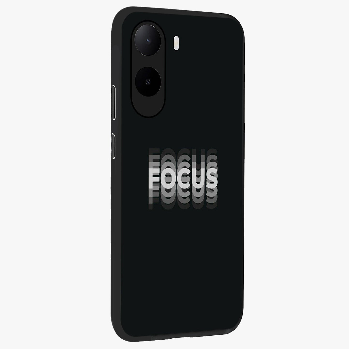 Focus Mode On Glass Case upright view showcasing strong typography statement with sleek motivational theme.