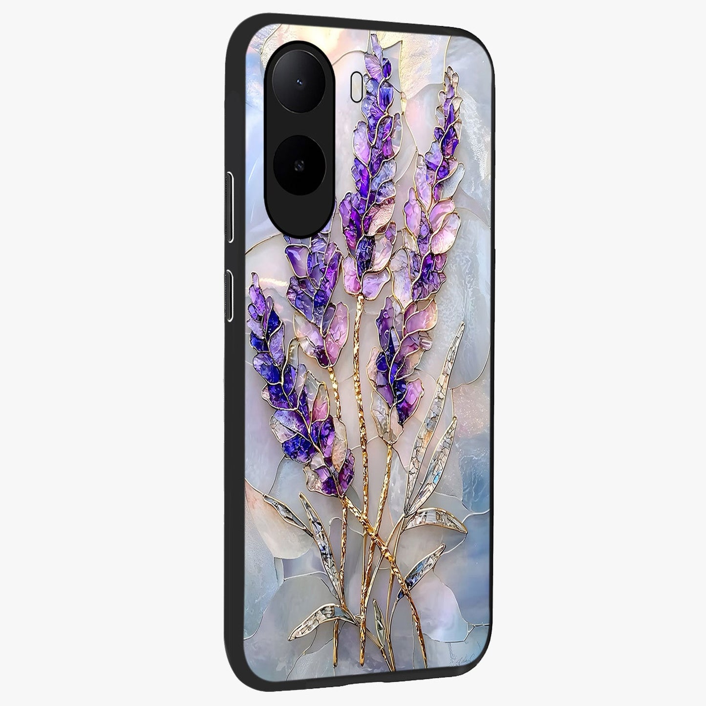 Lavender Dream Glow Glass Case upright view showcasing radiant lavender glow artwork with calming dreamy theme.