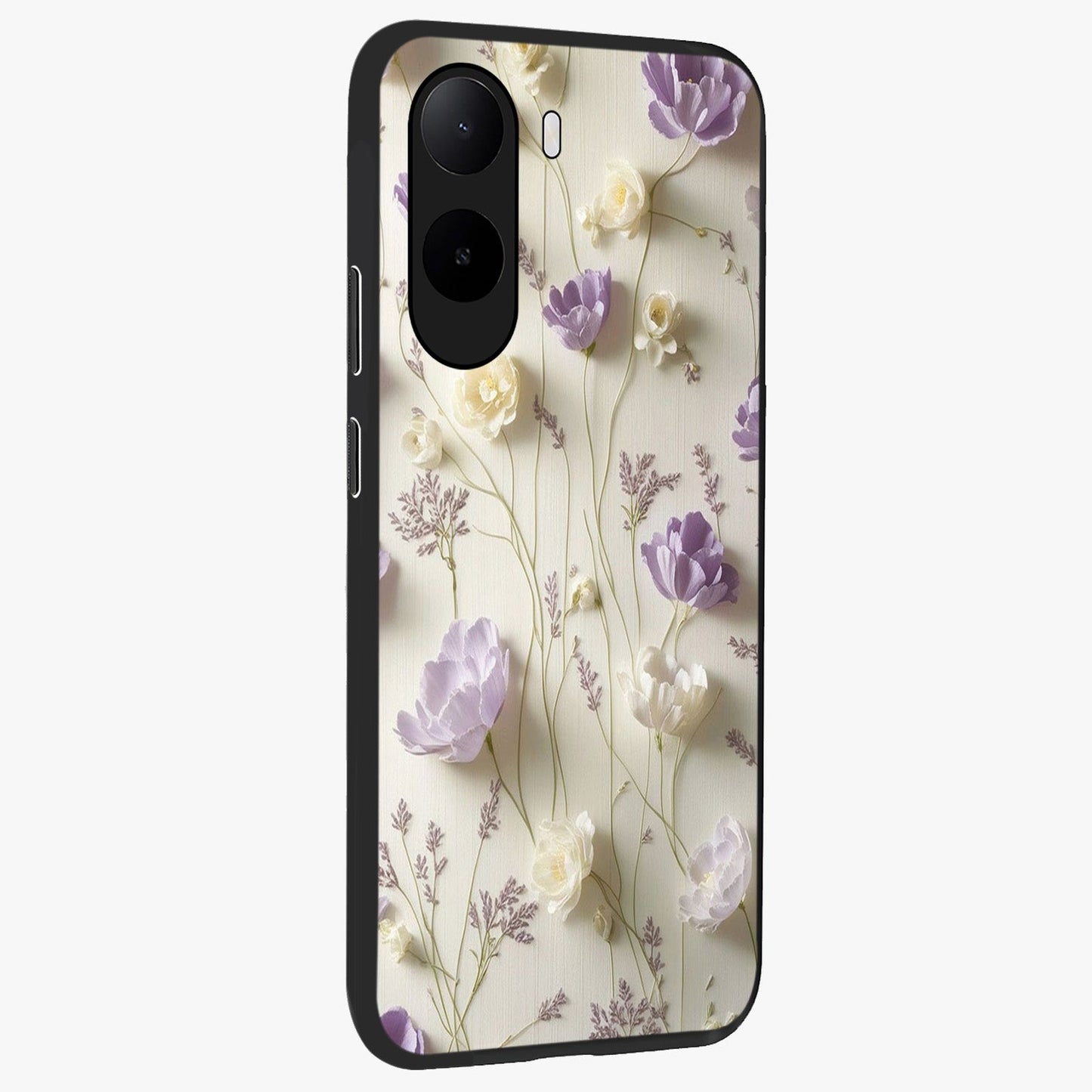 Lilac Breeze Harmony Glass Case upright view showcasing delicate lilac artwork with peaceful floral theme.