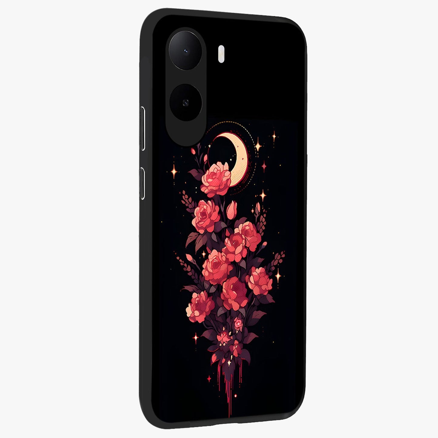 Moonlit Floral Elegance Glass Case upright view showcasing delicate floral artwork with refined night inspired theme.
