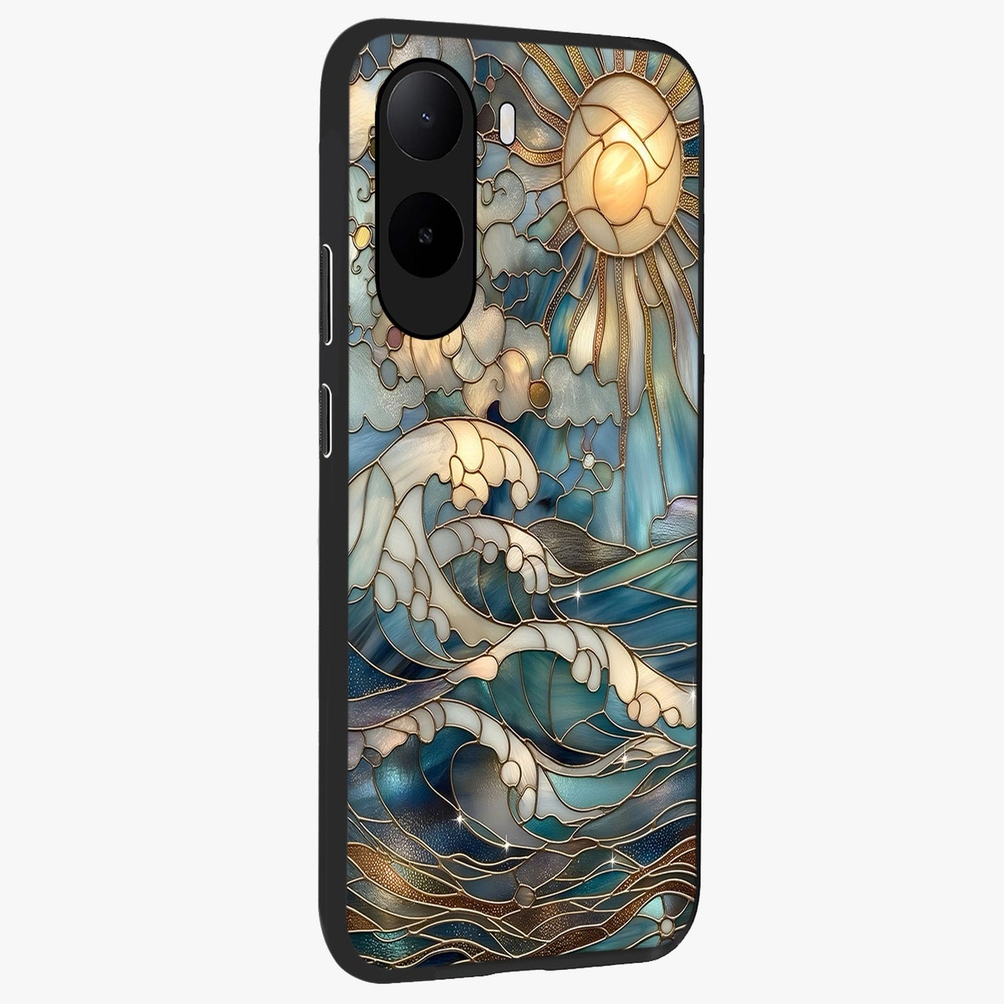 Oceanic Stained Printed Glass Case upright view showcasing decorative ocean pattern artwork with vibrant marine theme.