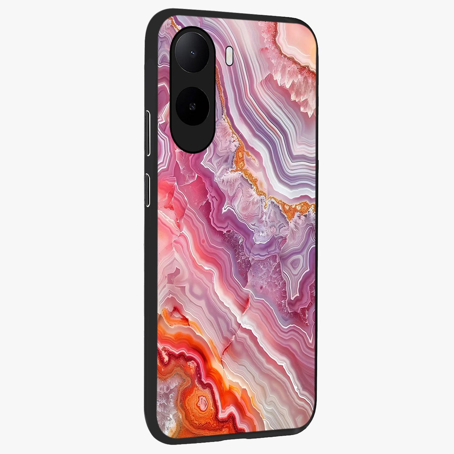 Rose Quartz Marble Glass Case upright view showcasing decorative marble artwork with luxurious pastel theme.
