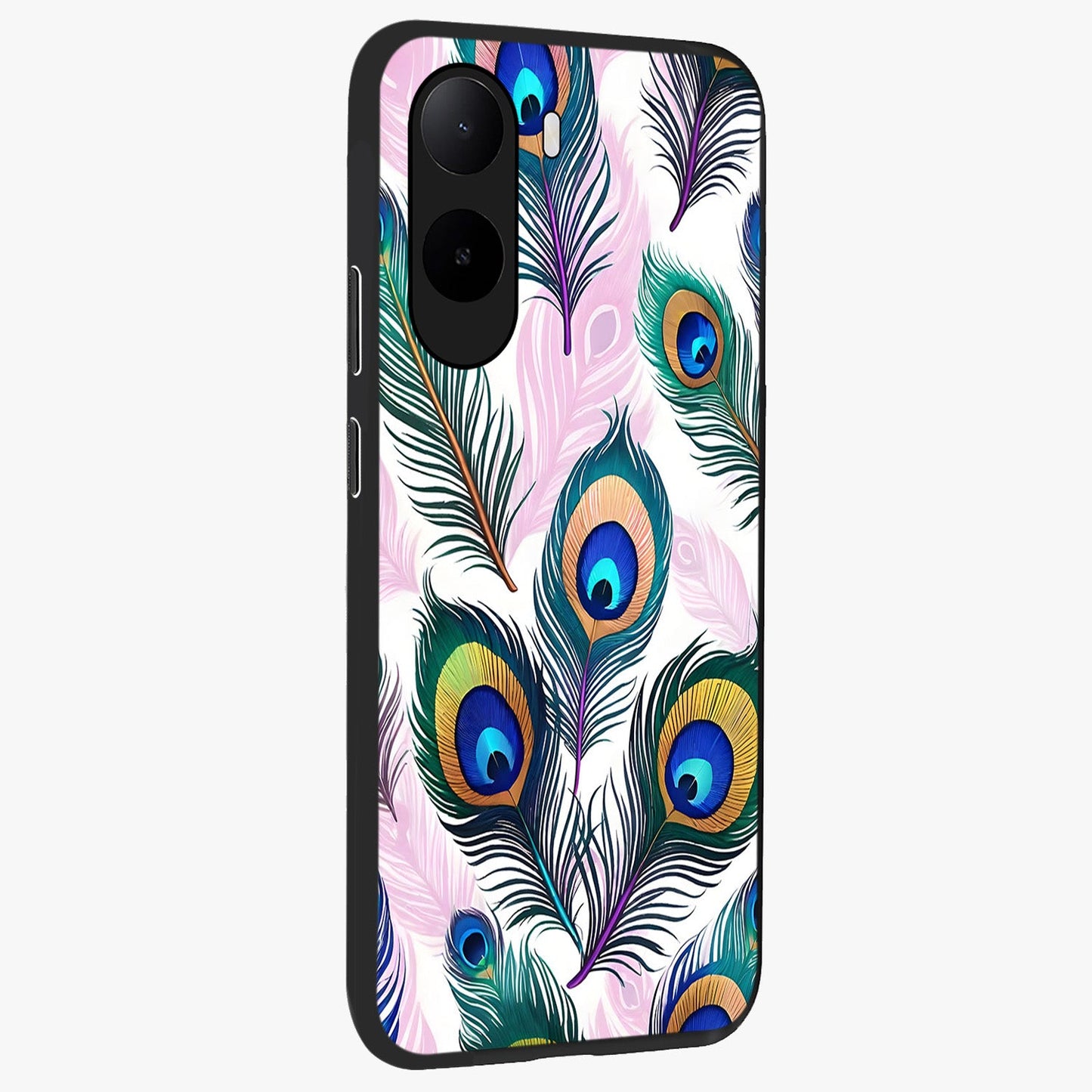 Royal Peacock Feathers Glass Case upright view showcasing elegant peacock feather artwork with decorative royal theme.