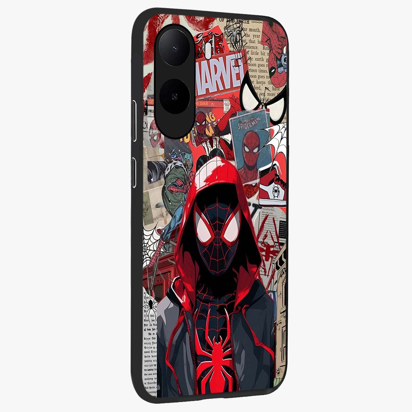Spider Collage Street Glass Case upright view showcasing bold superhero artwork with urban street theme.