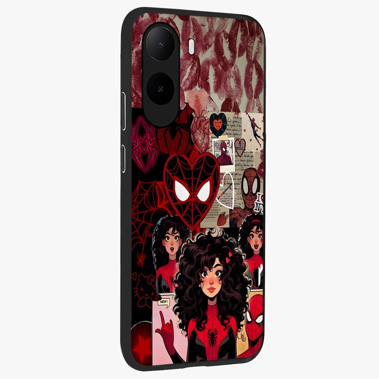 Spider Love Story Glass Case upright view showcasing charming superhero artwork with romantic comic theme.