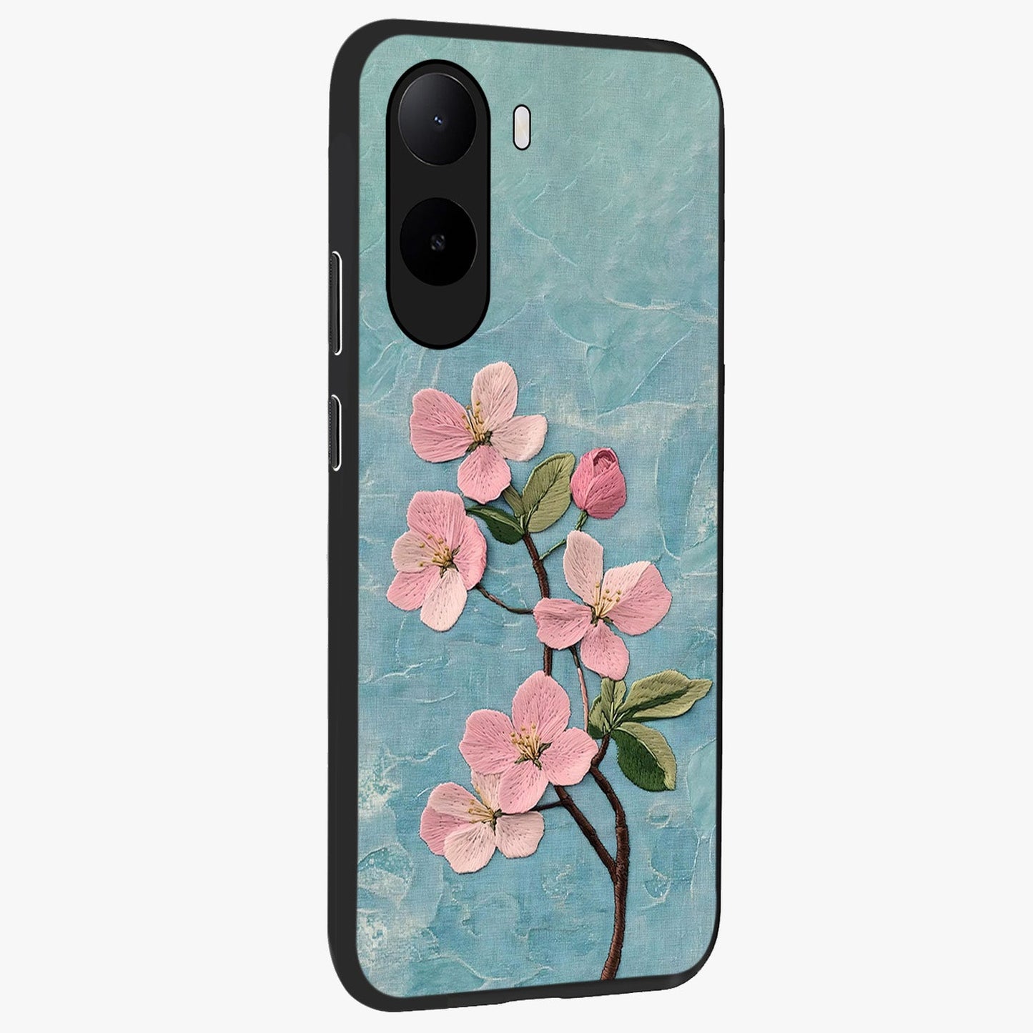 Threaded Blossom Breeze Glass Case upright view showcasing graceful flower artwork with calm botanical theme.
