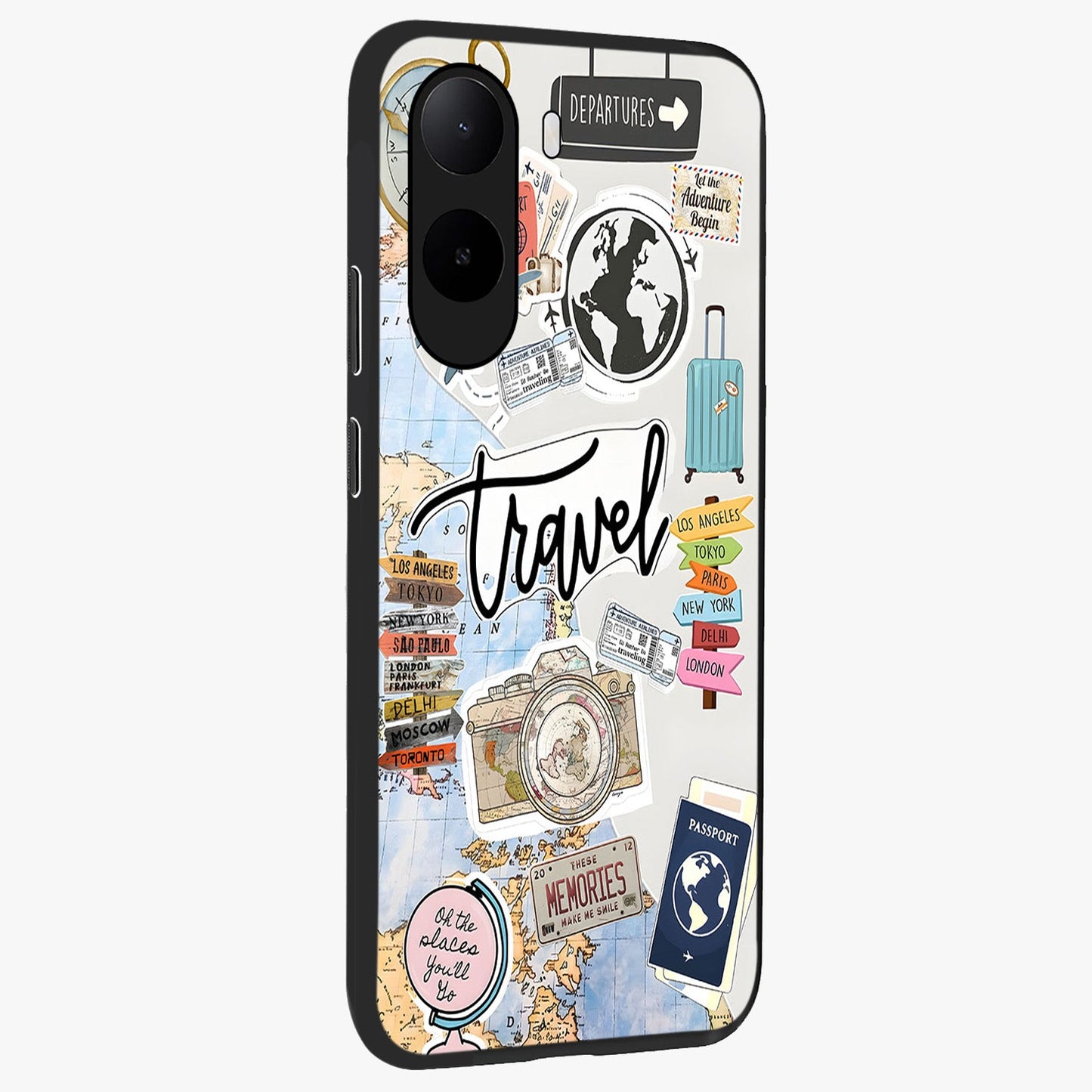 Wanderlust Journal Glass Case upright view showcasing wanderlust inspired artwork with creative exploration theme.