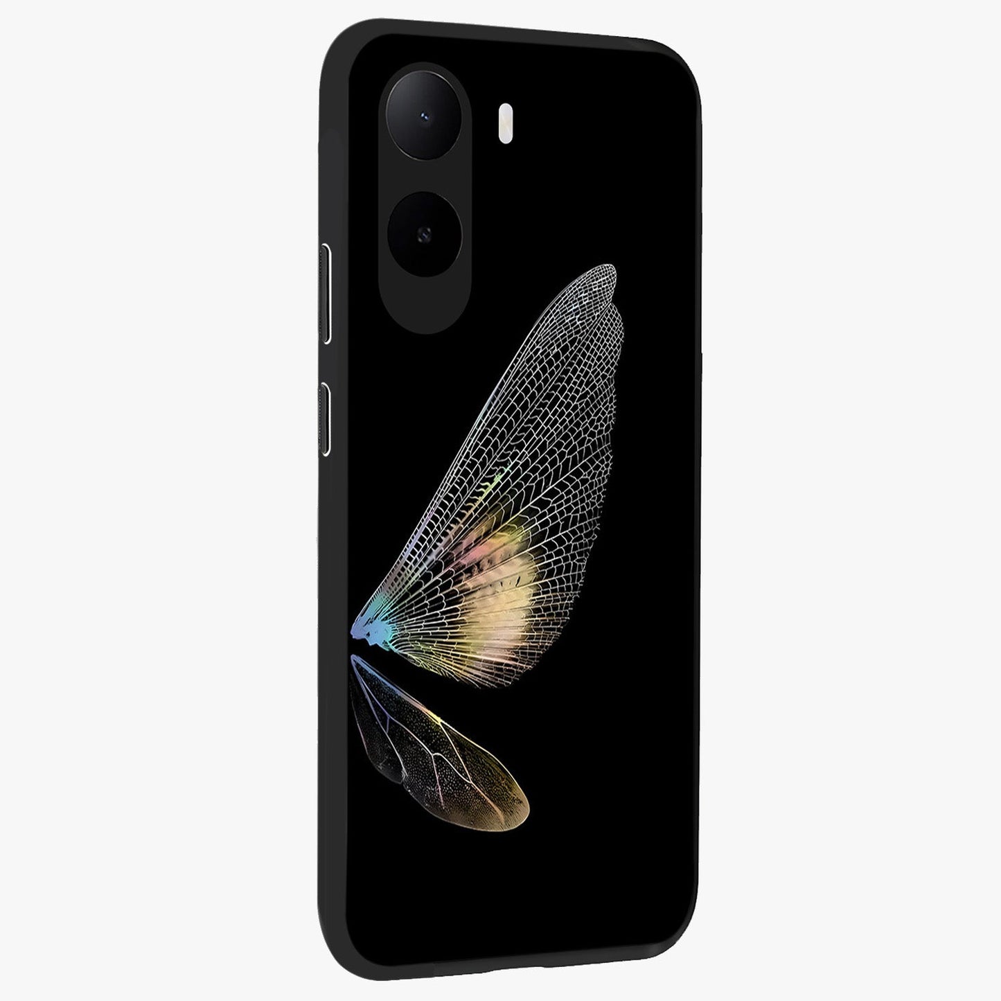 Whispers Of Wings Glass Case upright view showcasing elegant wing artwork with light airy theme.